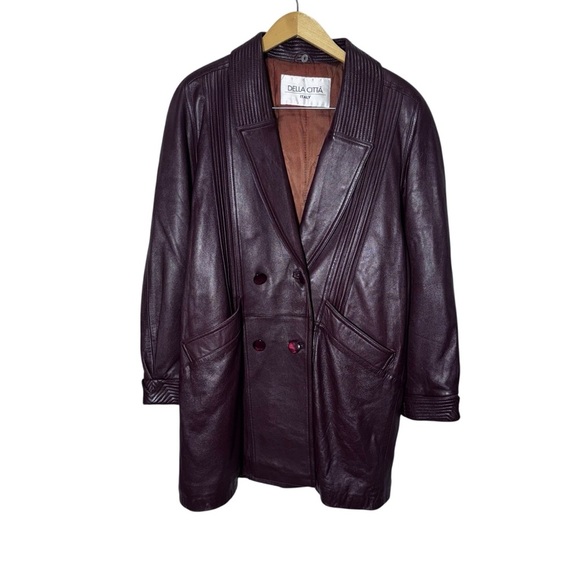 Della Citta Italy Double Breasted Burgundy Leather Coat Size Large Flawed - Picture 1 of 15
